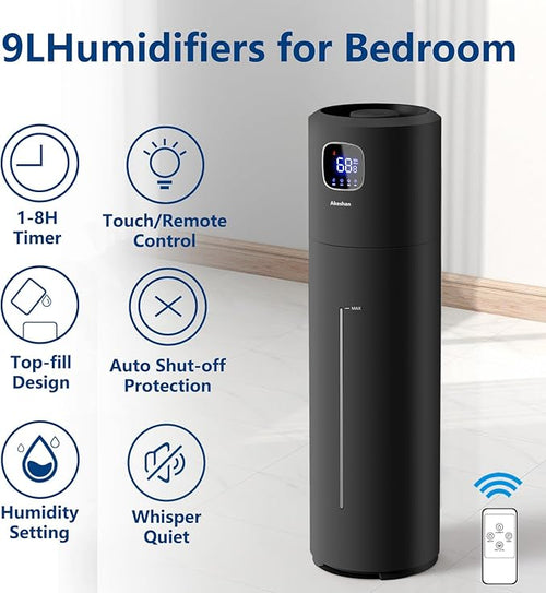 Akeshan Large Humidifiers for Bedroom, 9L/2.5Gal Ultrasonic Cool Mist, Top Fill Easy Clean with 350ML/H Mist Speed, Quiet, Suitable for Kids Room Plant Yoga Office Study Room Living (Black, Round)