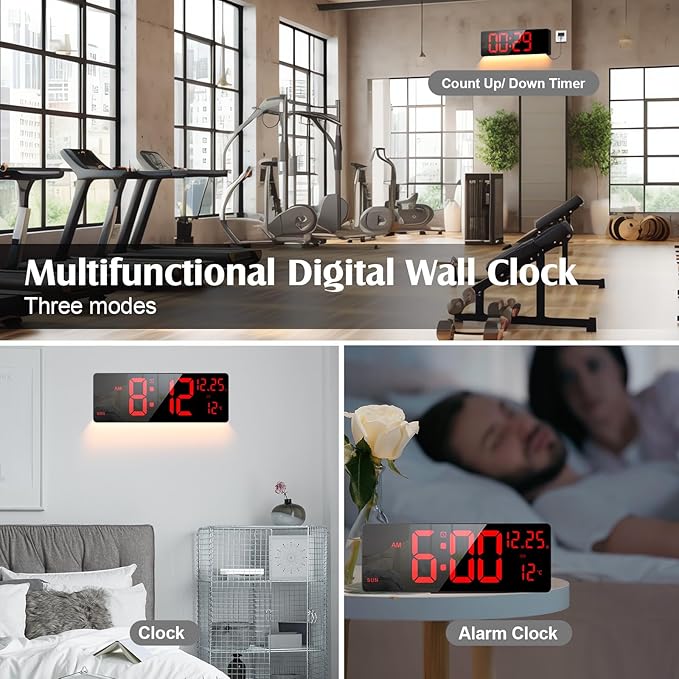 Xflyee 16.5" Large Digital Wall Clock with RGB Night Lights, Auto Dimmer, Remote Control, Date, Indoor Temperature, DST