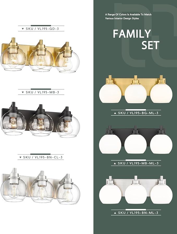METWET Bathroom Light Fixtures, 3-Light Brushed Nickel Vanity Light, Modern Wall Sconces with Globe Clear Glass Shade, Vanity Lighting Fixtures Over Mirror, VL195-BN-CL-3