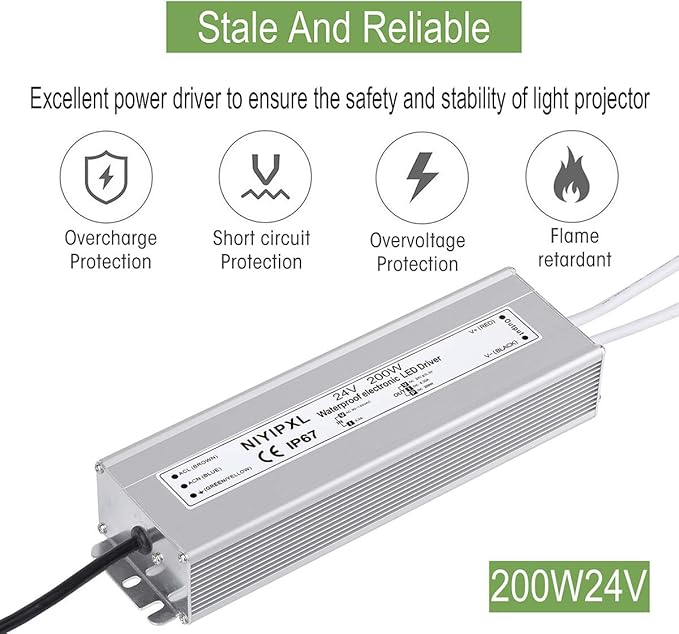 LED Driver 200 Watts 24V DC Low Voltage Transformer， Waterproof IP67 LED Power Supply, Adapter with 3-Prong Plug 3.3 Feet Cable for Any 24V DC led Lights, Computer Project, Outdoor Light