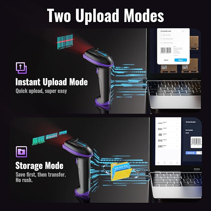 Tera Barcode Scanner Wireless Versatile 2-in-1 (2.4Ghz Wireless+USB 2.0 Wired) with Battery Level Indicator, 328 Feet Transmission Distance Rechargeable 1D Laser Bar Code Reader Handheld 5100 Purple
