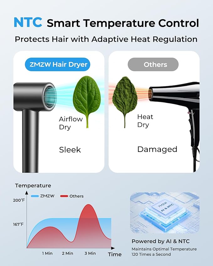 High Speed Hair Dryer 160000 RPM, Professional Ionic Blow Dryer for Fast Drying, Smart Thermo-Control, 500 Million Negative Ions, Quiet Lightweight Hairdryer with Magnetic Diffuser & Concentrator