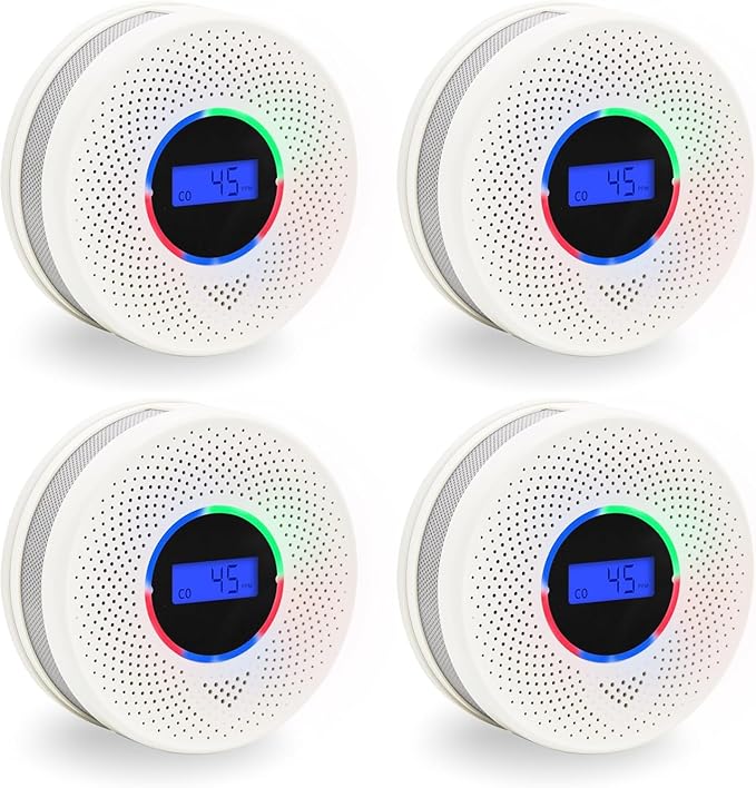 10-Year Battery Smoke and Carbon Monoxide Detector, 2-in-1 Smoke CO Alarm with Digital Display, Reliable Fire and CO Alarm for Home, Bedroom, Kitchen (4 Pack)
