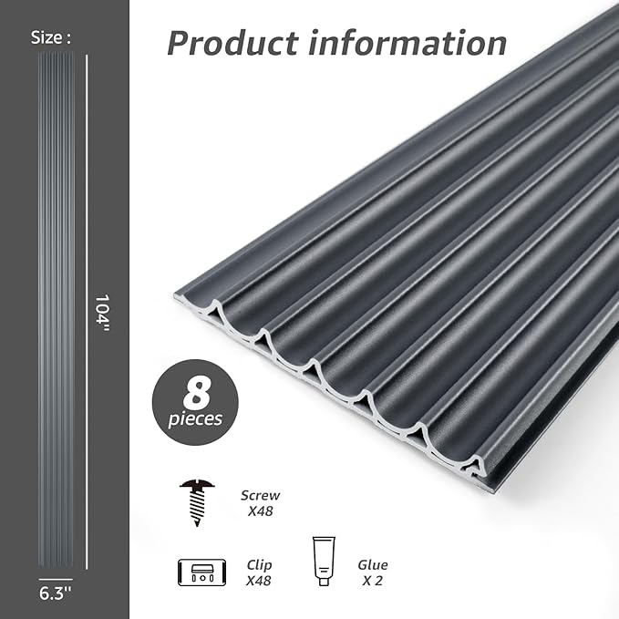 Art3dwallpanels Slat Wall Paneling, 104'' x 6.3'' Glossy Metal Finish WPC Soundproof 3D Wall Panels for Interior Wall Decor, 8 Pack Wavy Grain Panel Wall Slats, Metallic Silver Dark Gray