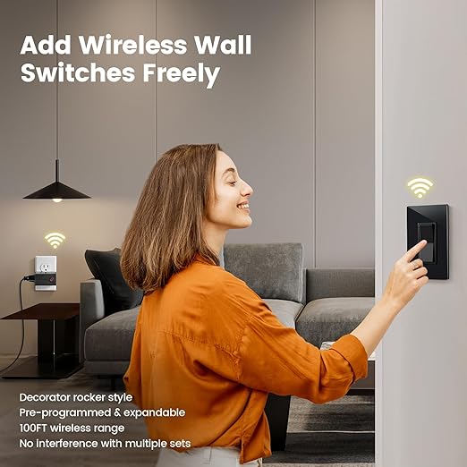 SURAIELEC Remote Control Outlet, Wireless Light Switch, Decorator Rocker Wall Switch, 15 AMP, 100ft RF Range, No Wiring No WiFi, for Plug in Pendant Light, Lamp, Small Electrical Appliance, Black