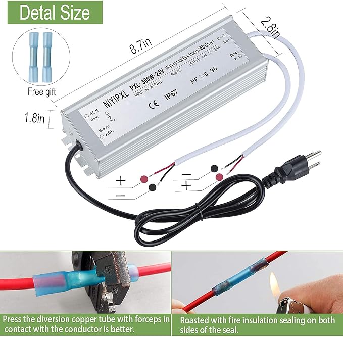 LED Driver 300 Watts(150W X2) 24V DC Transformer， Waterproof IP67 Power Supply, 24V DC Low Voltage Output Adapter with 3-Prong Plug 3.3 Feet Cable for LED Light, Computer Project, Outdoor Light