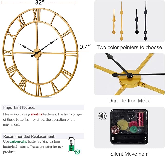 Ohweog Large Wall Clock for Living Room Decor – 32 Inch Silent Non-Ticking Modern Farmhouse Wall Clock, Oversized Decorative Metal Roman Numeral Clock