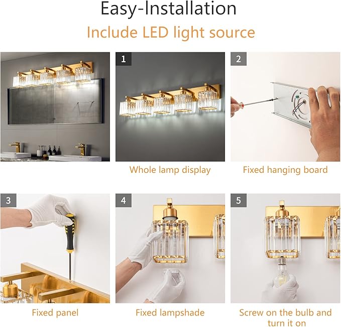FDPBY Modern 5-Light Gold Brushed Brass Finish Crystal Wall Light for Bathroom Vanity