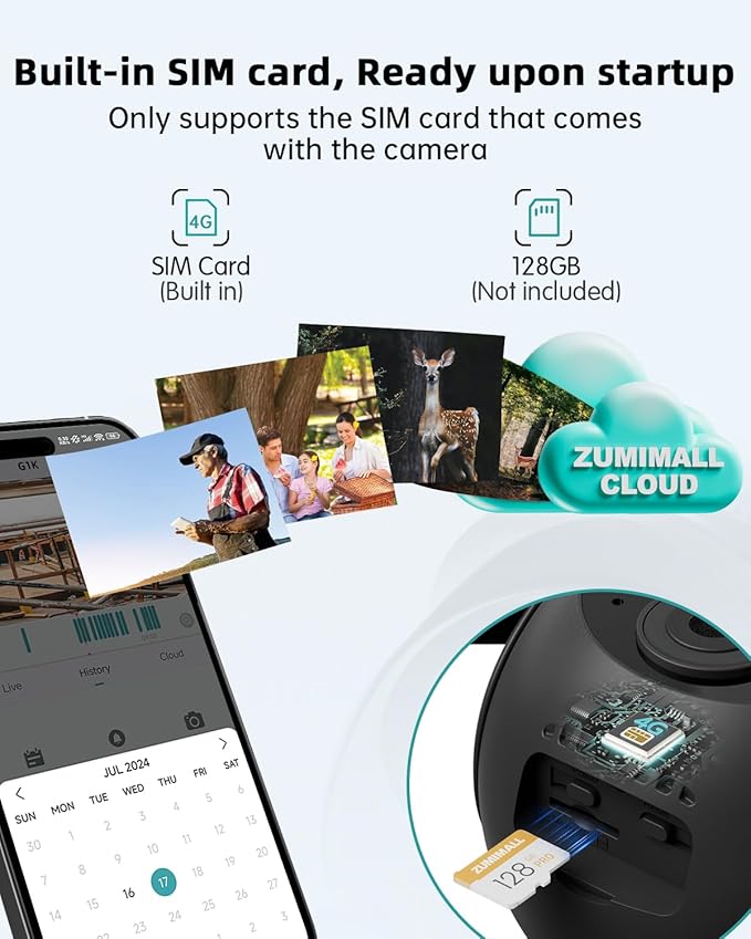 ZUMIMALL 4G LTE Cellular Solar Security Cameras Wireless Outdoor, 3MP No WiFi Cameras for Home Security, 360° Live View, 2K Color Night Vision, PIR Motion Sensor, 2 Way Talk, Built in SIM Card