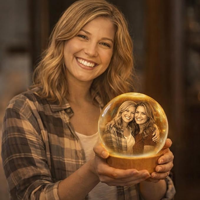 Herihues Personalized 3D Photo Crystal Ball, Custom Engraved Picture Lamp with Wood Base, Besties Night Light, Gifts for Besties Valentines Day, Christmas, Best Friend Personalized Gifts