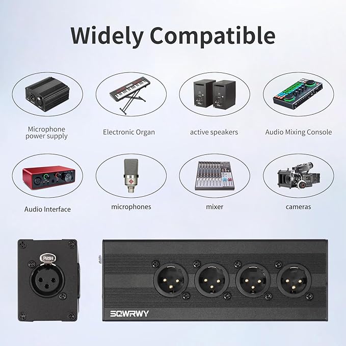 SQWRWY XLR 1 Female to 4 Male Passive Splitter | 4-Channel Galvanic Distribution for Zero-Latency Audio & DMX Adapter 4Way 1Pack