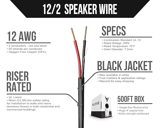 Voltive 12/2 Speaker Wire, Riser CL3R, Black, 500ft - 12AWG, 2 Conductors, Stranded Oxygen-Free Copper, UL Listed - V-1267-1