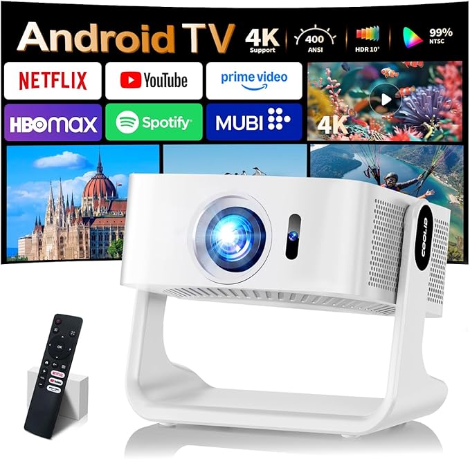 [Compatible with Netflix & Support 4K] 1080P HD Mini Projector Dual Band WiFi6 5G and BT 5.4 Auto Focus & Obstacle Avoidance Portable Outdoor Projector, 270° Adjustable Stand for Home Movie - White