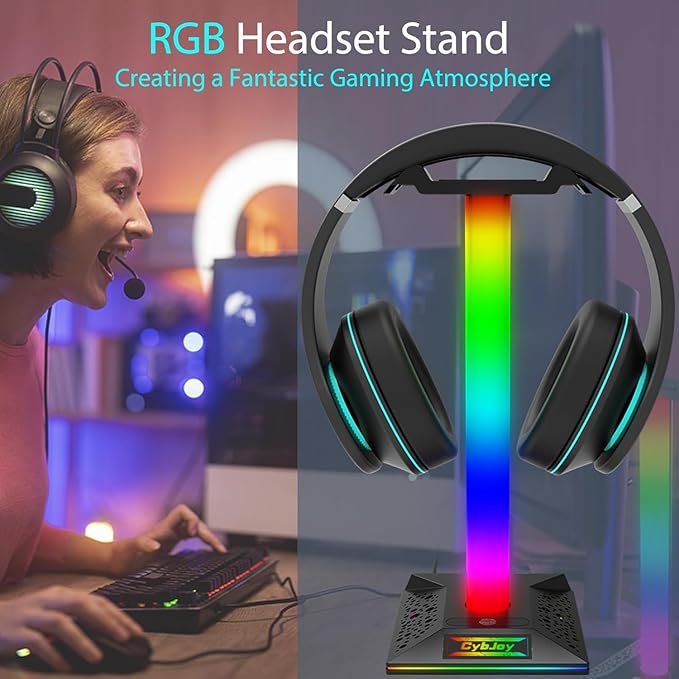 CybJoy Gaming Headphone Stand PC Accessories - RGB Headset Stand with 2 USB and 1 Type-C Ports, LED Headphone Stand Gift for Boys Men, Computer Game Accessories for Desk
