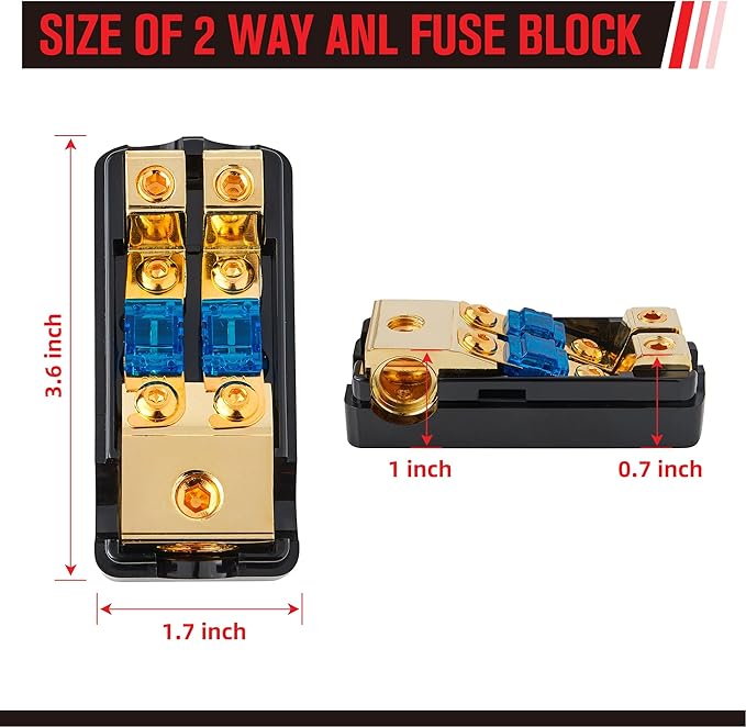 RED WOLF 2 Way Mini ANL Fuse Holder 60A 0/2/4 Gauge Input 4/8 Gauge Output Fuse Distribution Block for Car Boat Trolling Motor Marine Audio Amplifier Stereo Video System