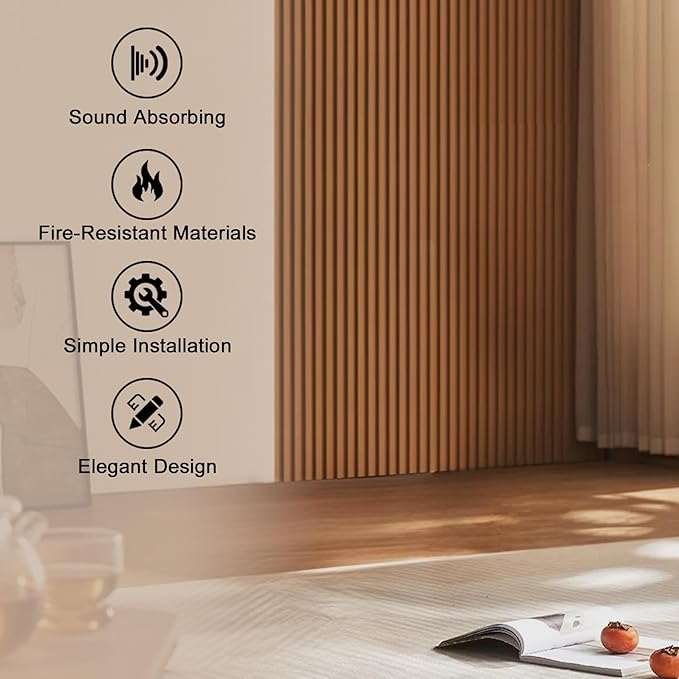 QDYMXUN Wood Slat Acoustic Wall Panels, 4-Pack 94.5'' x 7.9'' 3D Fluted Sound Absorbing Paneling for Interior Accent Wall Decor, Living Room (Natural Walnut)