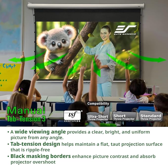 Elite Screens Manual Tab-Tension 3, 110-INCH with Extra 12" Drop, Pull Down Projector Screen Home Movie Gaming Presentations ISF Certified Premium CineWhite® P Material, MT110XWH3-E12