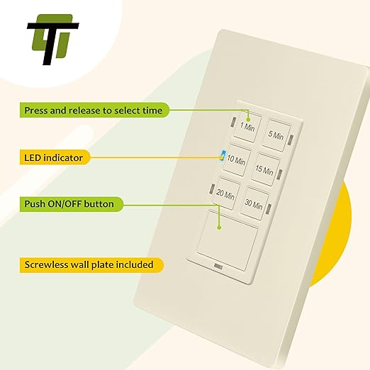 TG 30-Minute Countdown Timer Switch, 1-5-10-15-20-30 Min, for Bathroom Fans, Heaters, Lights, LED Indicator, 120VAC 800W, Neutral Wire Required, UL Listed, Screwless Wall Plate, Light Almond