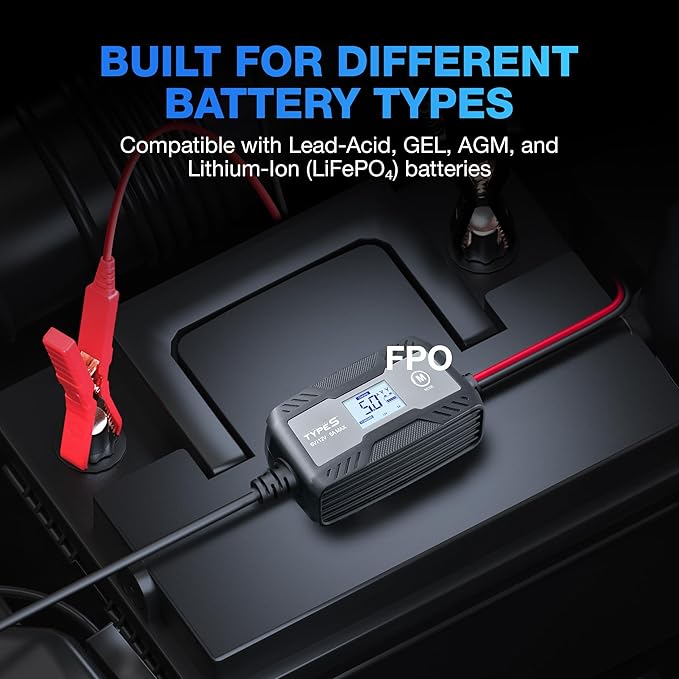 Type S 5A Smart Battery Charger & Maintainer – 6V & 12V Automatic Car Battery Charger for Cars, Trucks, Motorcycles, Boats, ATVs, Lawn Mowers, RVs – Lead-Acid, AGM, Gel, LiFePO4 Batteries