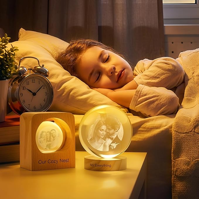 Yijhpbc Custom 3D Crystal Photo Night Light Personalized Photo Crystal Ball Engraved Picture Lamp with Wood Base Memorial Gift for Pets Family Couple Birthday Valentine's Day (Style 3)
