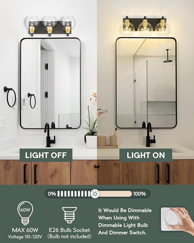 METWET Bathroom Light Fixtures, 3-Light Black and Gold Bathroom Vanity Light, Modern Wall Sconces with Globe Clear Glass Shade, Vanity Lighting Fixtures Over Mirror, VL195-KG-3