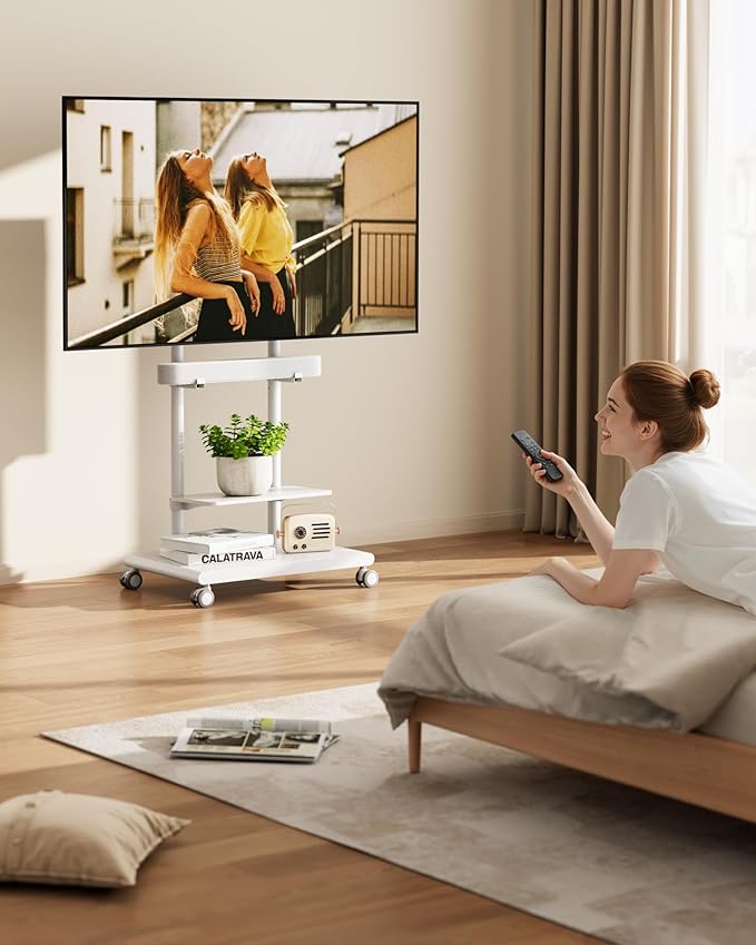 ECOTINY Steel Base Rolling TV Stand with Soundbar Mount for 37-75 inch TVs up to 154lbs, Swivel&Tilt Mobile TV Stand with Large Storage, Height Adjustable Heavy-Duty TV Cart, Max VESA 600x400mm, White