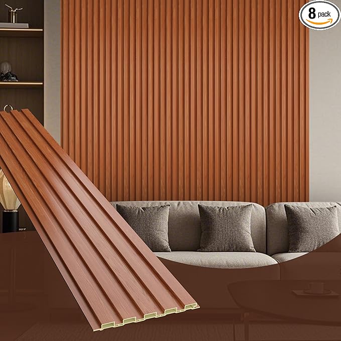 OUZUGIE WPC Acoustic Slat Wall Paneling, 8-Pack 96 x 6 Inches 3D Wall Panels for Interior Wall Decor,Living Room,TV Background,Study Room,Office Spaces,Bedroom,Low Grille (Teak)