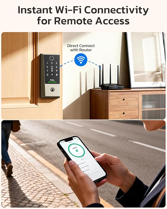 TCL D2 Plus Fingerprint Smart Lock, Wi-Fi Keyless Entry Door Lock, IP55 Weatherproof, Built-in Doorbell, Auto Lock, Easy Install, Brushed Nickel