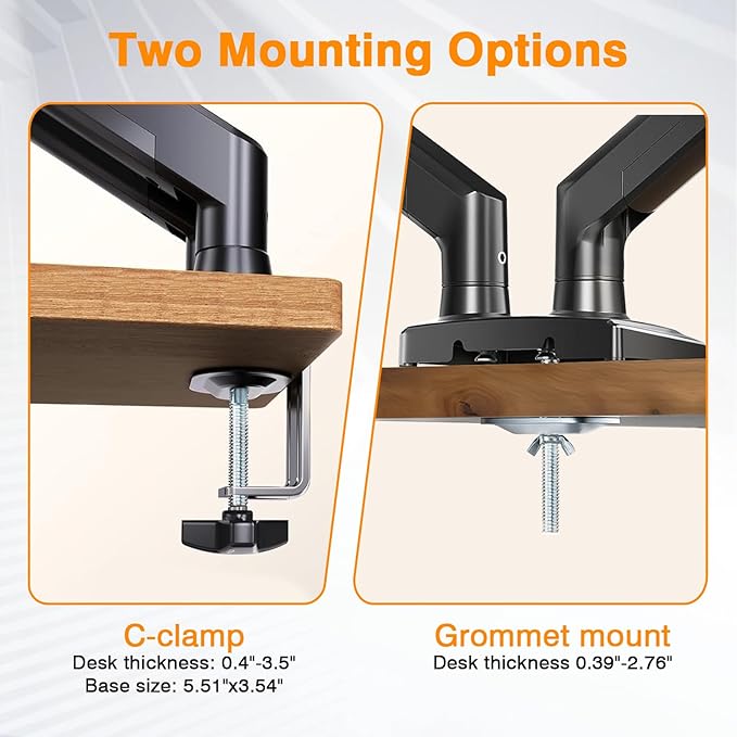XEVKZO Dual Monitor Arms, Gas Spring Monitor Arms for 2 Monitors up to 34" Curved/Flat, 22lbs per Arm, VESA Mount 75x75 100x100mm, C-Clamp & Grommet Base, Adjustable Tilt/Swivel/Rotation