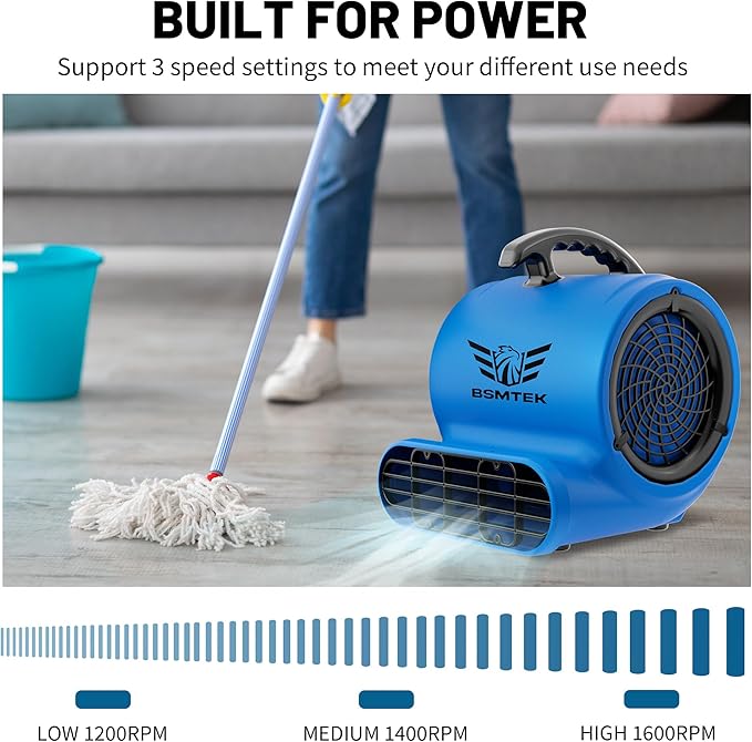 BSMTEK Air Mover Blower Fan, Industrial 1/2HP 2500CFM Monster Floor Blower Carpet Dryers - 3 Speeds, 4 Adjustable Angles, 15FT Long Cord, Stackable - 2026 Upgraded
