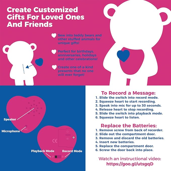Inventiv 2 Pack, 30 Second Voice Sound Recorder Module for Plush Toy, Stuffed Teddy Bear Animal Recordable Heart, Record Custom Messages (Pink/Blue)