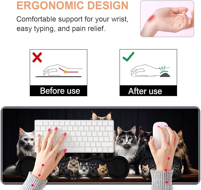 Ergonomic Keyboard Wrist Rest & Mouse Pad Wrist Rest Set,Large Gaming Desk Mat 31.5"x 11.8" with Non-Slip Base,Memory Foam,Easy Typing Pain Relief for Home & Office,A Group Fluffy Cats Stand in A Row