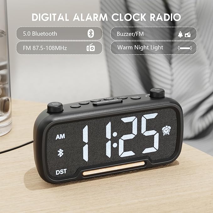 ROCAM Alarm Clock Radio with FM Radio, Sleep Timer, Auto Scan 20 Presets & Easy-Tune Knob, Wake to Radio/Beep, Bluetooth 5.0 Speaker Modern Design for Bedroom & Office