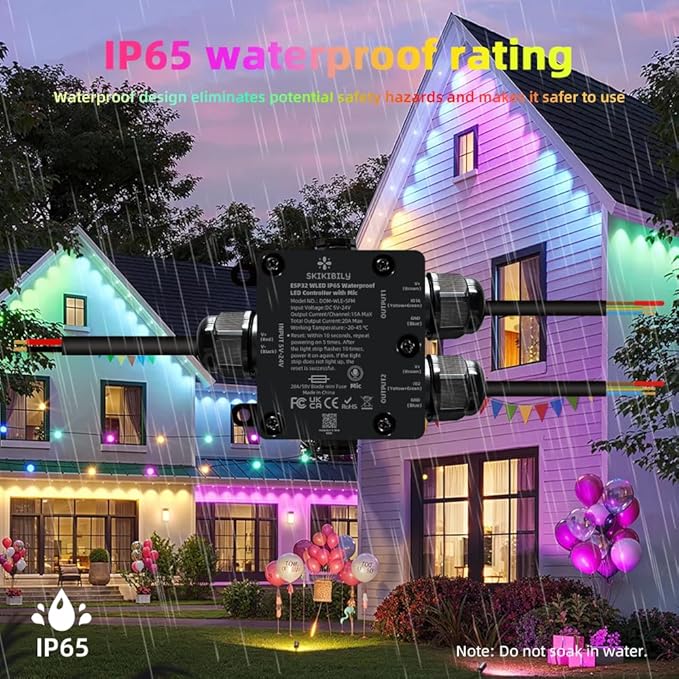 Skikibily ESP32 WLED LED Controller with Mic for Music Sync, APP/Web Control, IP65 Waterproof, 5V/12V/24V WS2812B SK6812 WS2811 RGBIC Addressable LED Strip Lights, 20A Output Fuse Protection