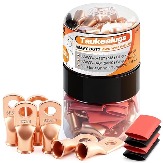 20PCS 6 AWG 5/16 3/8 inch Battery Cable Lugs,6 Gauge Copper Crimp Connector Ring Terminal Wire Ends with 20pcs 3:1 Adhesive Heat Shrink Tubing in Dual-neck Bottle