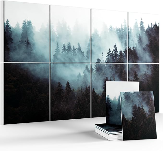 Wall Art Acoustic Panels,47''X31''Sound Absorbing Panels-8-Pack with 50 Adhesive Tabs, Panels for Living Room and Recording Studio, Offices-Foggy Nature Forest