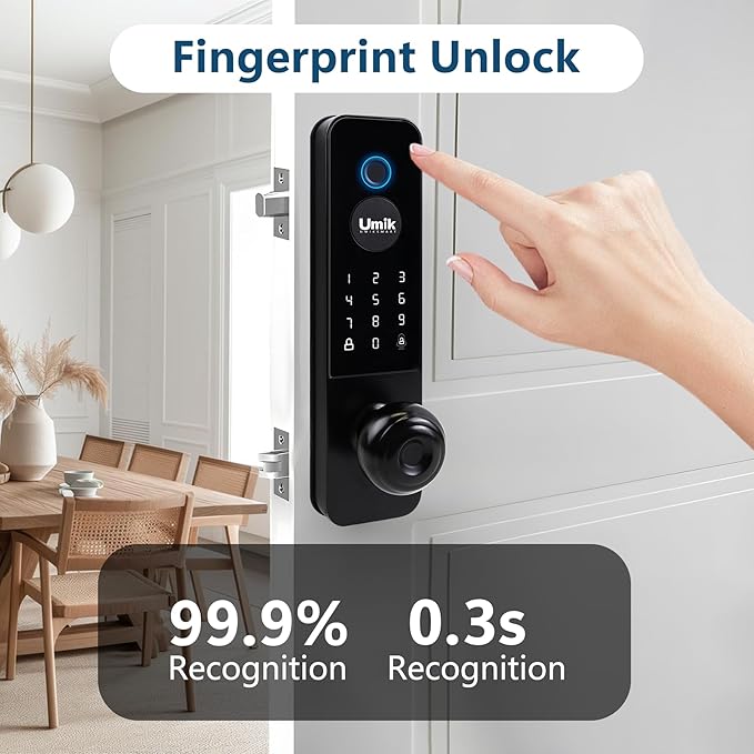 UMIK UMIKSMART Smart Door Lock, Keyless Entry Fingerprint Door Lock with Knob, Electronic Smart Door Knob with Digital Keypad, App Remote Control, WiFi Smart Deadbolt Lock for Front Door, Matte Black