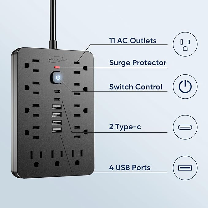 JouleLoom 20 FT Flat Plug Surge Protector Power Strip,11 Multiple AC Outlets with 6 USB Ports (2 USB C), 20 Feet Extension Cord, 1250W/10A, One Touch Switch Button, 17 in 1 Compact powerstrip