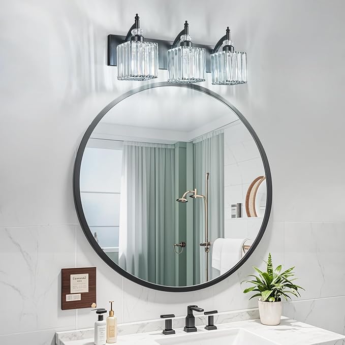 BBLLWJ Modern Bathroom Vanity Light 3-Light Black Crystal Light Fixtures Over Mirror for Bathroom Wall Sconce