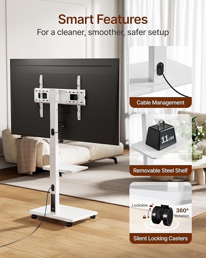 ECOTINY Steel Base Rolling TV stand with Power Outlet for 32-75 inch TVs up to 110 lbs, Leveling & Tilt & Swivel Mobile TV Stand with Hidden Wire Management, Height Adjustable Portable TV Stand, White