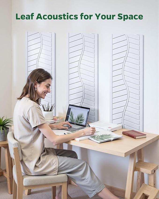 Topnaca 6 Pack Acoustic Panels Sound Absorbing for Recording Studio Walls, White Self-Adhesive Leaf Textured Decorative Art Ceiling Tiles - Acoustical Treatments for Home Office Room Door 17"×12"×0.4"