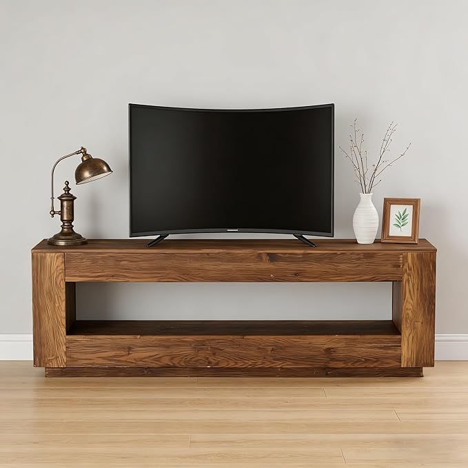 LITTLE TREE 70.86-in Extra Long Solid Wood TV Stand for 55/65/75/80 inch TV, 2-Tier Entertainment Center, Media Console Table with Storage Shelf, TV Stands for Living Room, Bedroom, Chestnut