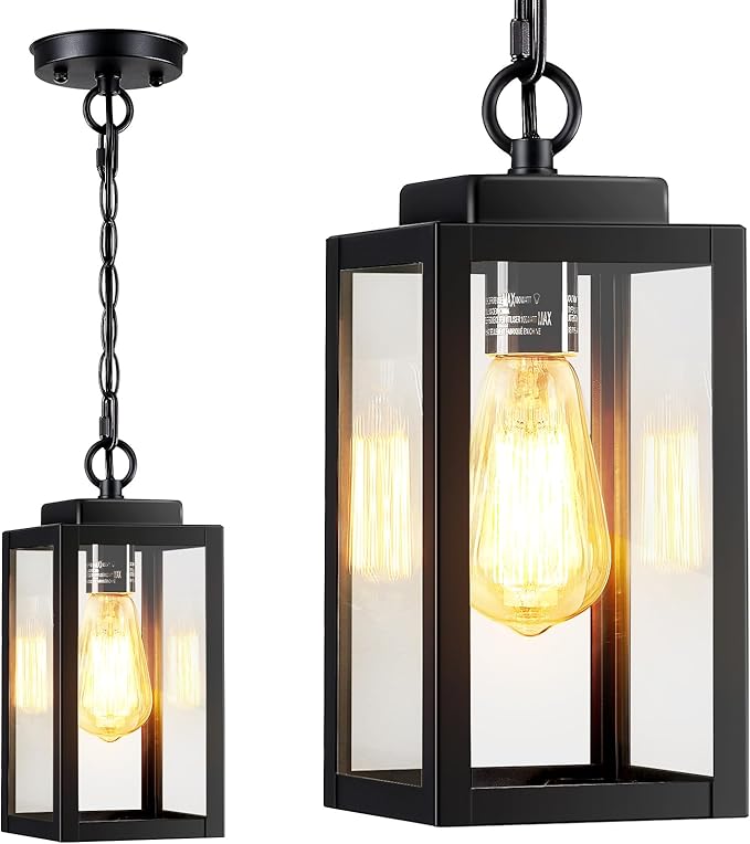 MYHXQ 11'' Outdoor Pendant Light, Modern Outside Chandelier Outdoor Hanging Lantern Light, Matte Black with Clear Glass, Exterior Pendant Lighting Fixture for Porch, Yard, Gazebo, 1Pack