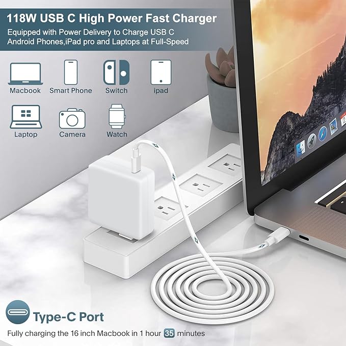 ixcv Mac Book Pro Charger - 118W USB C Charger Fast Charger Compatible with MacBook Pro/Air, M1 M2 M3 M4 M5, iPad Pro, Samsung Galaxy, and More USB-C Devices(6.6 ft Cable Included)