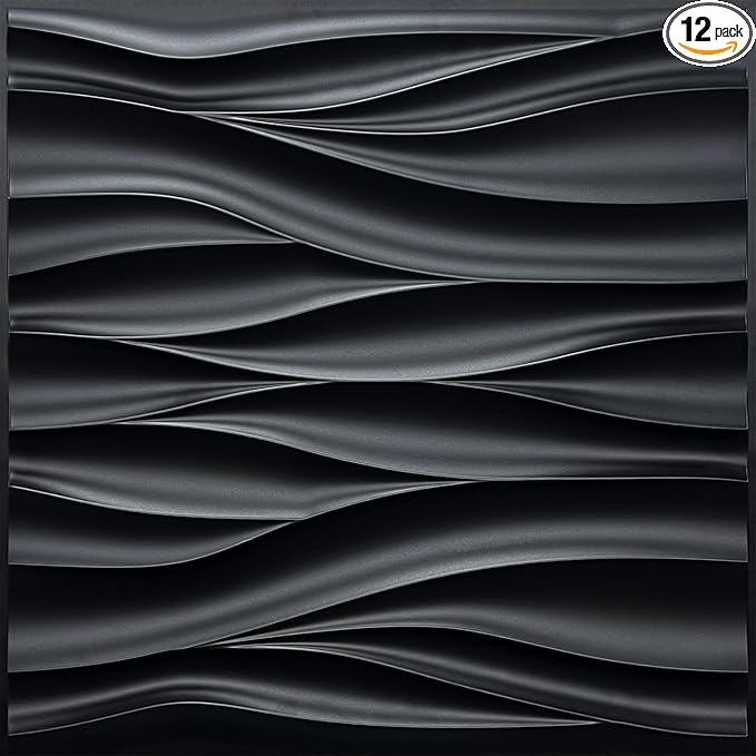 STICKGOO Black 3D Wall Panels, Wave Design Textured PVC Wall Panels, 19.7''x19.7'' Modern Accent Wall Panels for Interior Wall Decor Bedroom Office Living Room