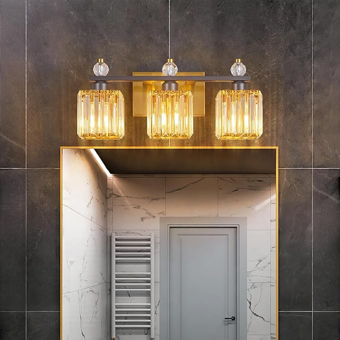 FDPBY 3-Light Modern Crystal Vanity Light - Black Gold Bathroom Light Fixtures Over Mirror