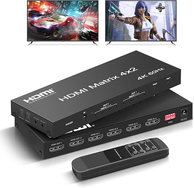 FERRISA 4x2 HDMI Matrix, 4K@60Hz 4 in 2 Out HDMI Switch Splitter with IR Remote, HDMI Matrix Switch + Optical + 3.5mm Audio Output, Support HDMI2.0, HDCP2.2, Auto Downscaler, 3D, Audio Extractor