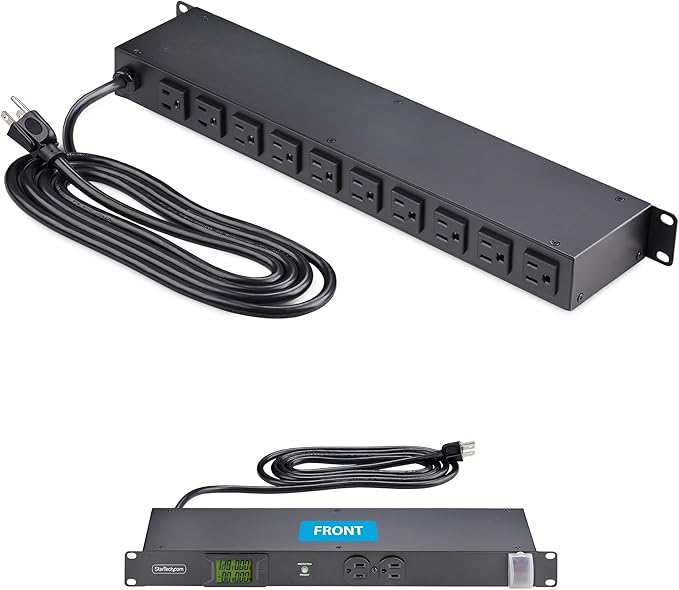 StarTech.com 12-Outlet Horizontal Rack Mount Metered PDU, 1U Server Power Strip w/Surge Protector, 8ft/2.4m Power Cable, TAA