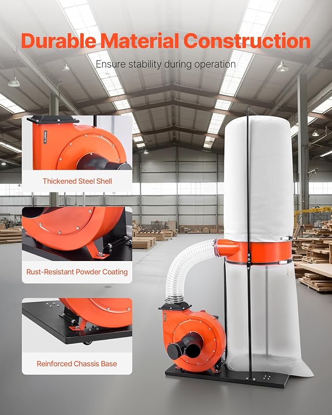 VEVOR Dust Collector, 1100 CFM 2.5 Micron Vortex Cone Dust Collectors, 1.5HP Sawdust Collection System with 35-Gallon Dusts Collector Bag & 42-Gallon Filter Bag, 3400 RPM High Speed, for Woodworking