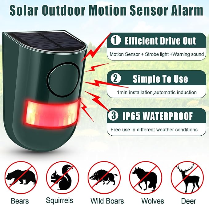 Qualirey 2 Pack Solar Sound and Light Alarm Motion Sensor 129db Outdoor Security Siren Waterproof Motion Activated Detector Alarm 6 LEDs Flash Warning Strobe System for Home, Farm (Green)